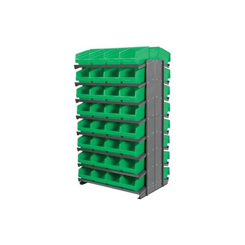 800 lbs Green Gray Steel 16 ga Double Sided Fixed Rack - 36 3/4" Overall Length - 60 1/4" Height - 64 - Bins Included