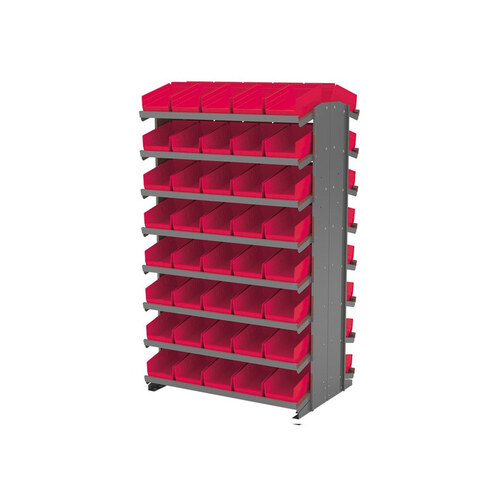800 lbs Red Gray Steel 16 ga Double Sided Fixed Rack - 36 3/4" Overall Length - 60" Height - 84 - Bins Included