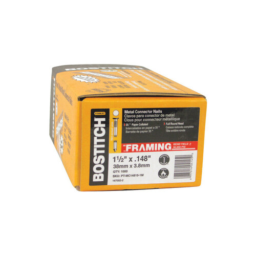 Bostitch PTMC148151M Strapshot Connector Nail, 11/2 in L, 16 Gauge, Steel, Bright, Full Round