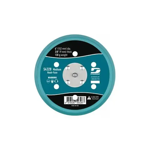 Dynabrade 54328 Sanding Disc Backing Pad - Hook & Loop Attachment - Medium Density - 6" Diameter - Hook, Short, Vacuum, 3/8"