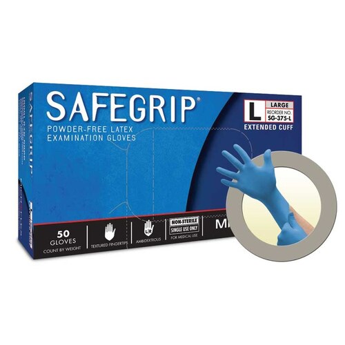 SG375-L General Purpose Disposable Exam Gloves, Large, Natural Rubber Latex, Textured Blue