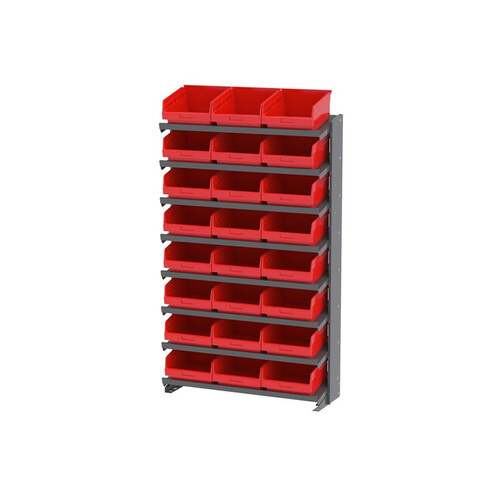 APRS 400 lbs Red Gray Steel 16 ga Single Sided Fixed Rack - 36 3/4" Overall Length - 60" Height - 24 - Bins Included