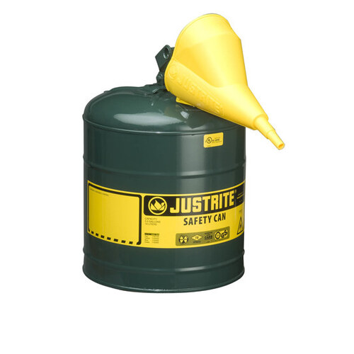 Green Steel Leak-Proof, Pressure-Relief Vent, Self-Closing 5 gal Safety Can - 16 7/8" Height - 11 3/4" Overall Diameter