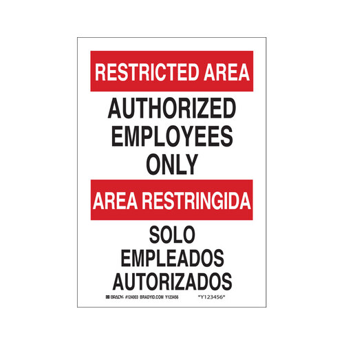B-401 High Impact Polystyrene Rectangle White Restricted Area Sign - 7" Width x 10" Height - Language English / Spanish