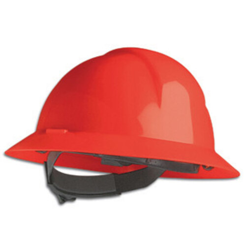 Red High Density Polyethylene Full Brim Hard Hat - 4-Point Strap Type - 6-Point Suspension - Ratchet Adjustment