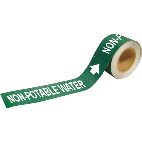 White on Green Vinyl Water Self-Adhesive Pipe Marker - 1" Height - 8" Length with Right Arrow - B-946
