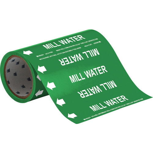 White on Green Vinyl Water Self-Adhesive Pipe Marker - 8" Height - 30 ft Length with Left Arrow - B-946