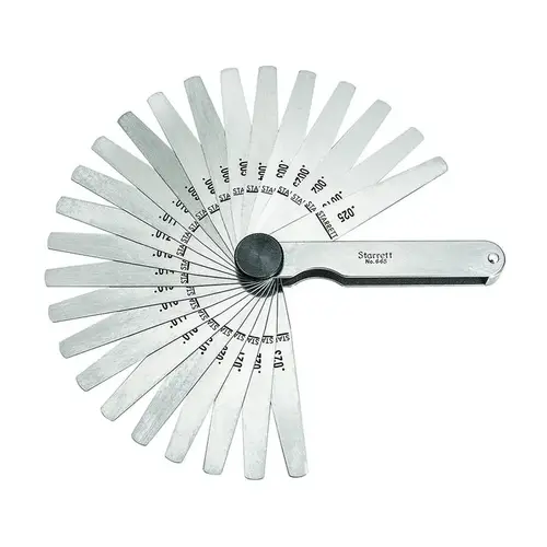Starrett 66TS Feeler Gage Sets; Maximum Thickness (mm): 0.0015; Minimum Thickness: 0.0250; Minimum Thickness (mm): 0.0250; Number of Leaves: 26; Material: Stainless Steel; Number Of Leaves: 26; Leaf Length (Inch): 3-1/32; Width (mm): 1/2; Width (Inch): 1/2; Thicknesses