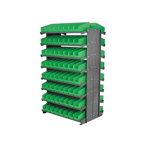 800 lbs Green Gray Steel 16 ga Double Sided Fixed Rack - 36 3/4" Overall Length - 60" Height - 128 - Bins Included