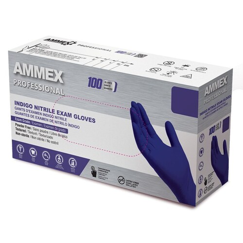 Ammex AINPF44100 Indigo Medium Powder Free Disposable Gloves - Exam Grade - Textured Finish