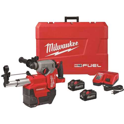 Milwaukee 2912-22DE M18 FUEL 18-Volt Lithium-Ion Brushless 1 in. Cordless SDS-Plus Rotary Hammer/Dust Extractor Kit, Two 6.0 Ah Batteries Red