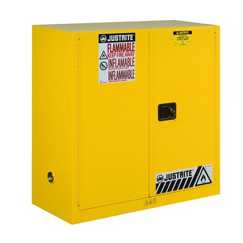 Justrite 893000 Sure-Grip Series Safety Cabinet, 30 gal, 43 in OAW, 44 in OAH, 18 in OAD, 1-Shelf, Steel, Yellow