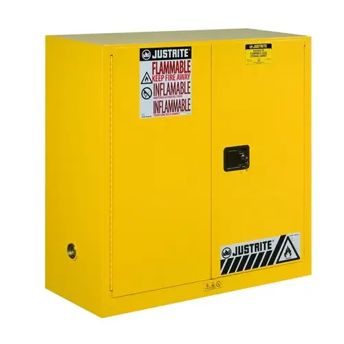 Justrite 893000 Sure-Grip Series Safety Cabinet, 30 gal, 43 in OAW, 44 in OAH, 18 in OAD, 1-Shelf, Steel, Yellow