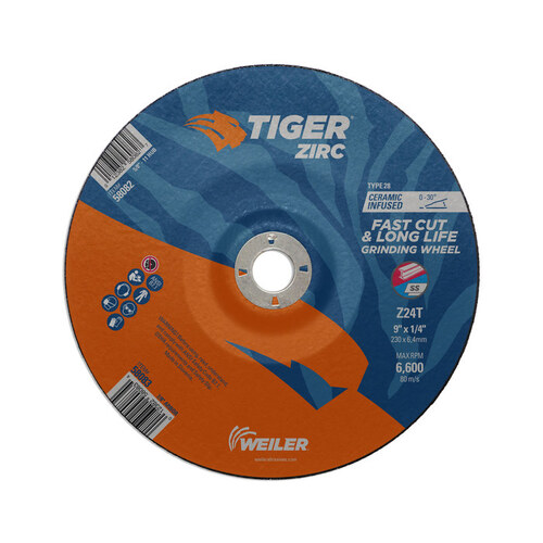 Weiler 58083 Concave (Type 28) Zirconium Grinding Wheel 24 Grit 9" Diameter 7/8" Center