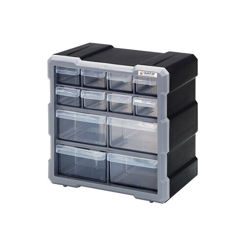 QUANTUM STORAGE SYSTEMS PDC-12BK Small Parts Organizer, 10-1/4 in L, 6-1/4 in W, 10-1/2 in H, 12-Drawer, Polypropylene