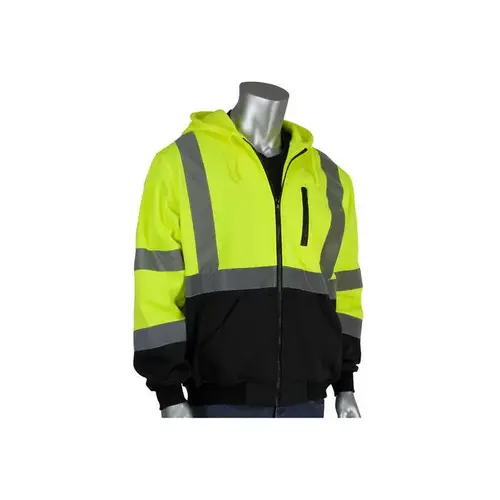 PIP 323-1370B-LY/5X 323-1370B Hi-Vis Lime Yellow/Black 5XL Polyester Fleece Cold Condition Sweatshirt - 3 Pockets - Attached Hood - Fits 59" Chest - 33.9" Length