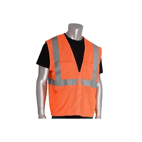 PIP 302-MVGZ4POR-3X 302-MVGZ4POR Orange 3XL Polyester Mesh High-Visibility Vest - 4 Pockets - Fits 56.7" Chest - 28" Length