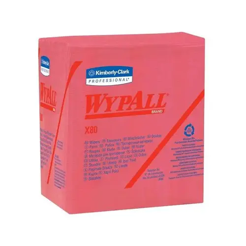 WypAll 41029 X80 Series 1/4 Fold Cloth, 12-1/2 x 12 in, 200, Hydroknit, Red, 1 Plys