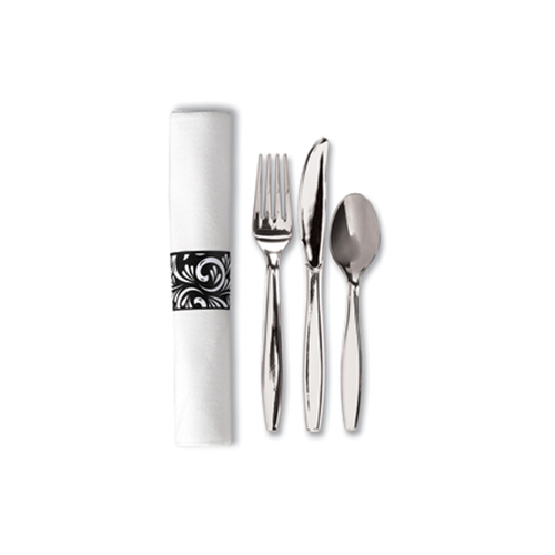 HOFFMASTER 119978 CATERWRAP(R) K-F-S NAPKIN HVYWT WHITE PLASTIC METALLIC WRAPPED W/ BAND