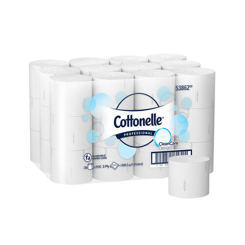 COTTONELLE 53862 Paper Core High-Capacity Stanard Toilet Paper, CleanCare Design, 2-Ply, White, , 900 Sheets/Roll