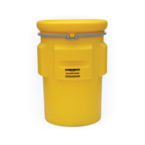 Yellow High Density Polyethylene 55 gal Spill Containment Drum - Metal Band With Bolt - 44 3/8" Height - 25 3/4 (Bottom) in, 31 (Top) in Overall Diameter