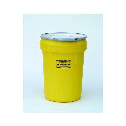 Yellow High Density Polyethylene 30 gal Spill Containment Drum - Metal Lever-Lock - 28 1/2" Height - 16 5/8 (Bottom) in, 21 1/8 (Top) in Overall Diameter