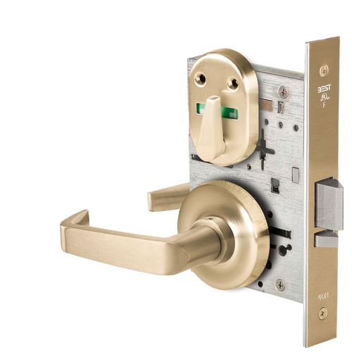 Grade 1 Office Mortise Lock, Double Visual Indicator, 15 Lever, R Rose, SFIC Housing Less Core, Satin Brass Finish, Field Reversible Satin Brass