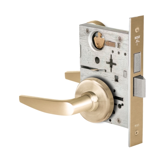 Grade 1 Privacy Mortise Lock, Double Visual Indicator, 16 Lever, H Rose, Non-Keyed, Satin Brass Finish, Field Reversible Satin Brass