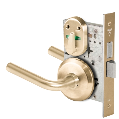 Grade 1 Privacy Mortise Lock, Visual Thumbturn Indicator, 12 Lever, S Rose, Non-Keyed, Satin Brass Finish, Field Reversible Satin Brass