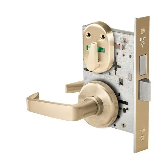 Grade 1 Dormitory Mortise Lock, Visual Thumbturn Indicator, 15 Lever, H Rose, SFIC Housing Less Core, Satin Brass Finish, Field Reversible Satin Brass