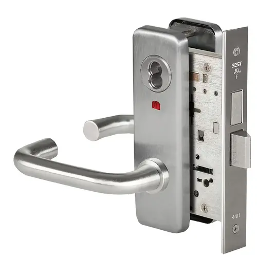 Grade 1 Intruder Mortise Lock, Visual Keyed Indicator, 3 Lever, J Escutcheon, SFIC Housing Less Core, Satin Stainless Steel Finish, Field Reversible Satin Stainless Steel