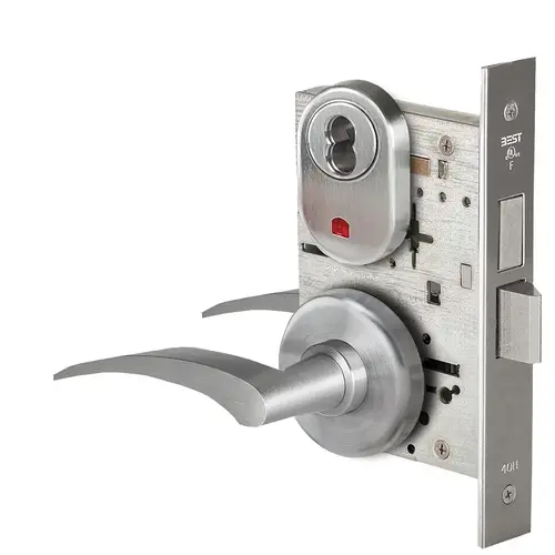 Grade 1 Intruder Mortise Lock, Visual Keyed Indicator, 17R Lever, H Rose, SFIC Housing Less Core, Satin Chrome Finish, Field Reversible Satin Chrome