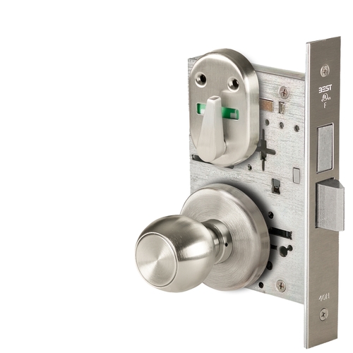 Grade 1 Privacy Mortise Lock, Double Visual Indicator, 4 Knob, H Rose, Non-Keyed, Satin Nickel Finish, Field Reversible Satin Nickel