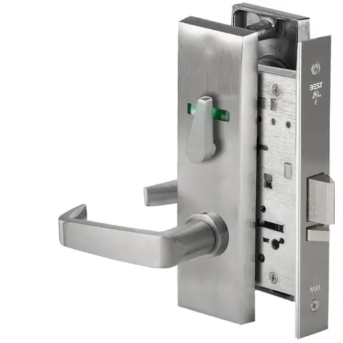 Grade 1 Office Mortise Lock, Visual Thumbturn Indicator, 15 Lever, M Escutcheon, SFIC Housing Less Core, Satin Chrome Finish, Field Reversible Satin Chrome