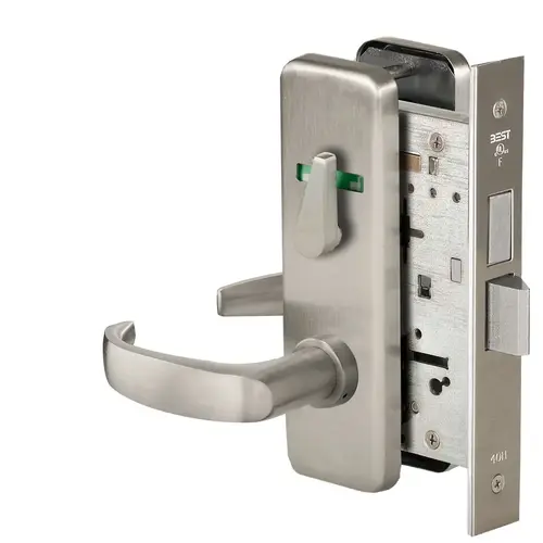 Grade 1 Privacy Mortise Lock, Double Visual Indicator, 14 Lever, J Escutcheon, Non-Keyed, Satin Nickel Finish, Field Reversible Satin Nickel