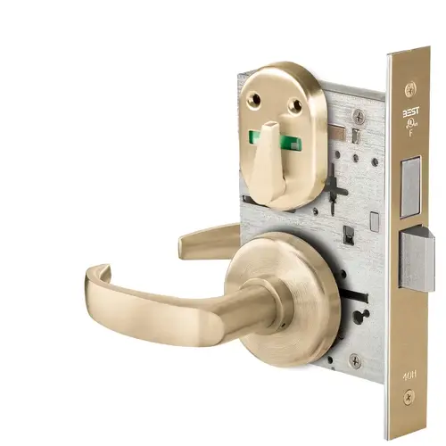 Grade 1 Privacy Mortise Lock, Visual Thumbturn Indicator, 14 Lever, H Rose, Non-Keyed, Satin Brass Finish, Field Reversible Satin Brass