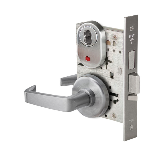 Grade 1 Dormitory Mortise Lock, Visual Keyed Indicator, 15 Lever, H Rose, SFIC Housing Less Core, Satin Chrome Finish, Field Reversible Satin Chrome