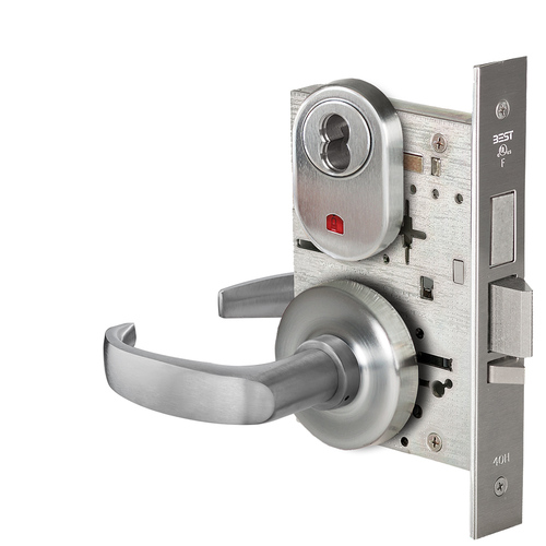 Grade 1 Dormitory Mortise Lock, Visual Keyed Indicator, 14 Lever, R Rose, SFIC Housing Less Core, Satin Chrome Finish, Field Reversible Satin Chrome