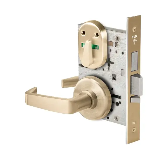 Grade 1 Dormitory Mortise Lock, Visual Thumbturn Indicator, 15 Lever, H Rose, SFIC Housing Less Core, Satin Brass Finish, Field Reversible Satin Brass