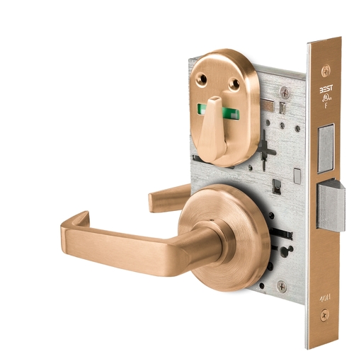 Grade 1 Dormitory Mortise Lock, Double Visual Indicator, 15 Lever, H Rose, SFIC Housing Less Core, Satin Bronze Finish, Field Reversible Satin Bronze