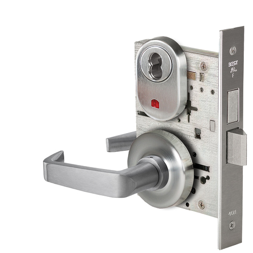 Grade 1 Intruder Mortise Lock, Visual Keyed Indicator, 15 Lever, R Rose, SFIC Housing Less Core, Satin Chrome Finish, Field Reversible Satin Chrome