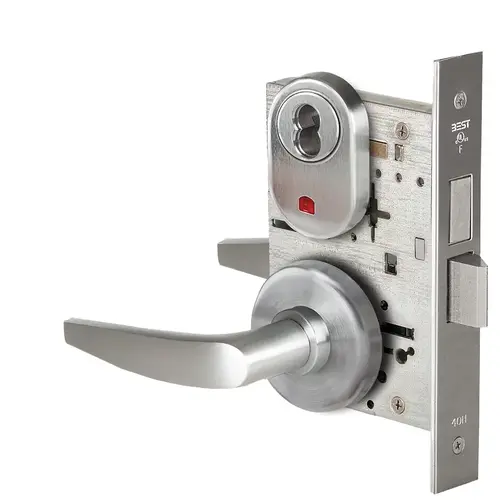 Grade 1 Office Mortise Lock, Visual Keyed Indicator, 16 Lever, H Rose, SFIC Housing Less Core, Satin Stainless Steel Finish, Field Reversible Satin Stainless Steel