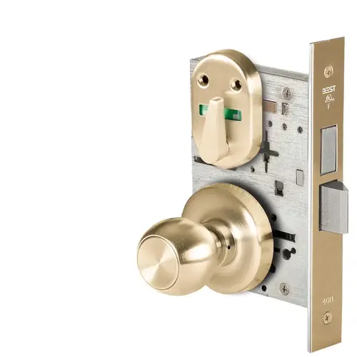 Grade 1 Privacy Mortise Lock, Double Visual Indicator, 4 Knob, R Rose, Non-Keyed, Satin Brass Finish, Field Reversible Satin Brass