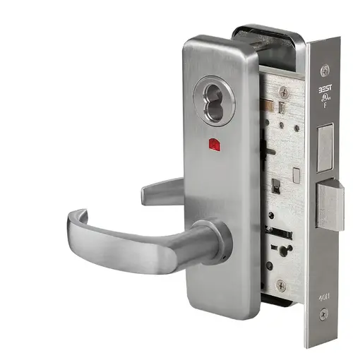 Grade 1 Office Mortise Lock, Visual Keyed Indicator, 14 Lever, J Escutcheon, SFIC Housing Less Core, Satin Stainless Steel Finish, Field Reversible Satin Stainless Steel