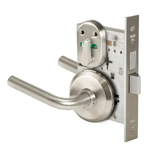 Grade 1 Dormitory Mortise Lock, Visual Thumbturn Indicator, 12 Lever, S Rose, SFIC Housing Less Core, Satin Nickel Finish, Field Reversible Satin Nickel