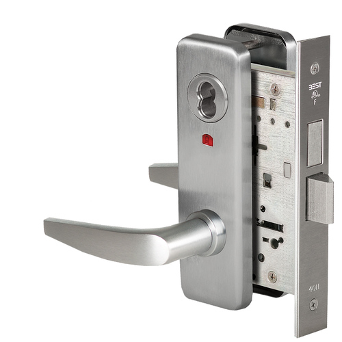 Grade 1 Entrance Mortise Lock, Visual Keyed Indicator, 16 Lever, J Escutcheon, SFIC Housing Less Core, Satin Chrome Finish, Field Reversible Satin Chrome