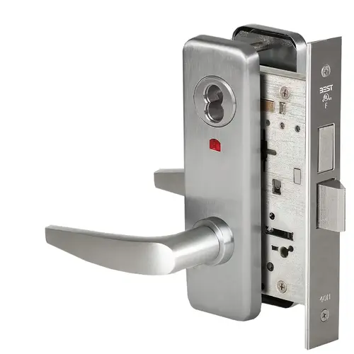 Grade 1 Intruder Mortise Lock, Visual Keyed Indicator, 16 Lever, J Escutcheon, SFIC Housing Less Core, Satin Stainless Steel Finish, Field Reversible Satin Stainless Steel