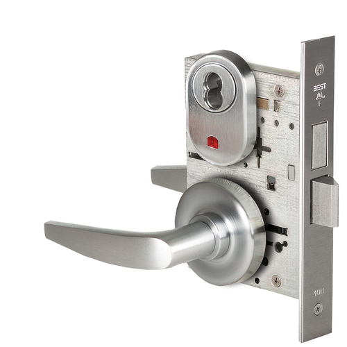 Grade 1 Classroom Mortise Lock, Visual Keyed Indicator, 16 Lever, R Rose, SFIC Housing Less Core, Satin Chrome Finish, Field Reversible Satin Chrome