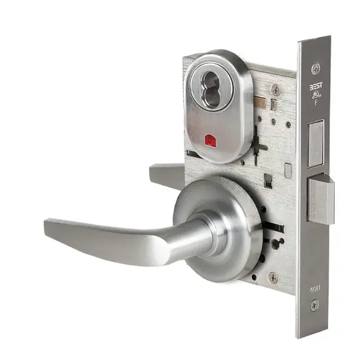 Grade 1 Entrance Mortise Lock, Visual Keyed Indicator, 16 Lever, R Rose, SFIC Housing Less Core, Satin Chrome Finish, Field Reversible Satin Chrome