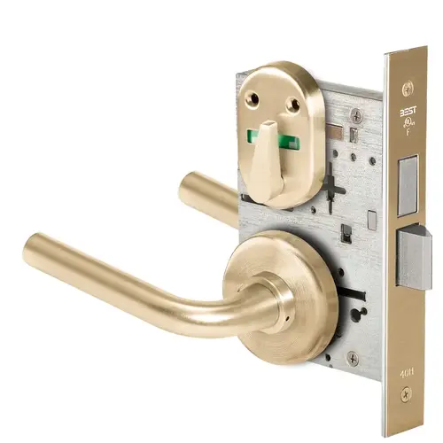 Grade 1 Dormitory Mortise Lock, Double Visual Indicator, 12 Lever, H Rose, SFIC Housing Less Core, Satin Brass Finish, Field Reversible Satin Brass